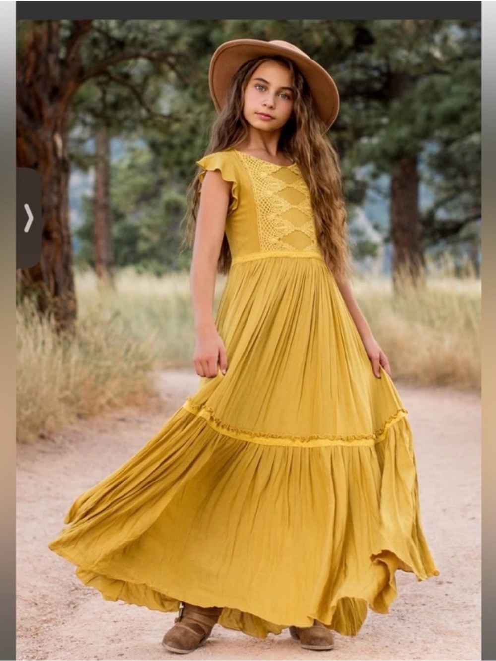 Joyfolie Mustard Lace Bodice Tiered Maxi Dress for Girls